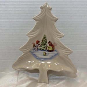 Vintage Pottery Dish Tree Shape Christmas Frog Squirrels Holiday Decor